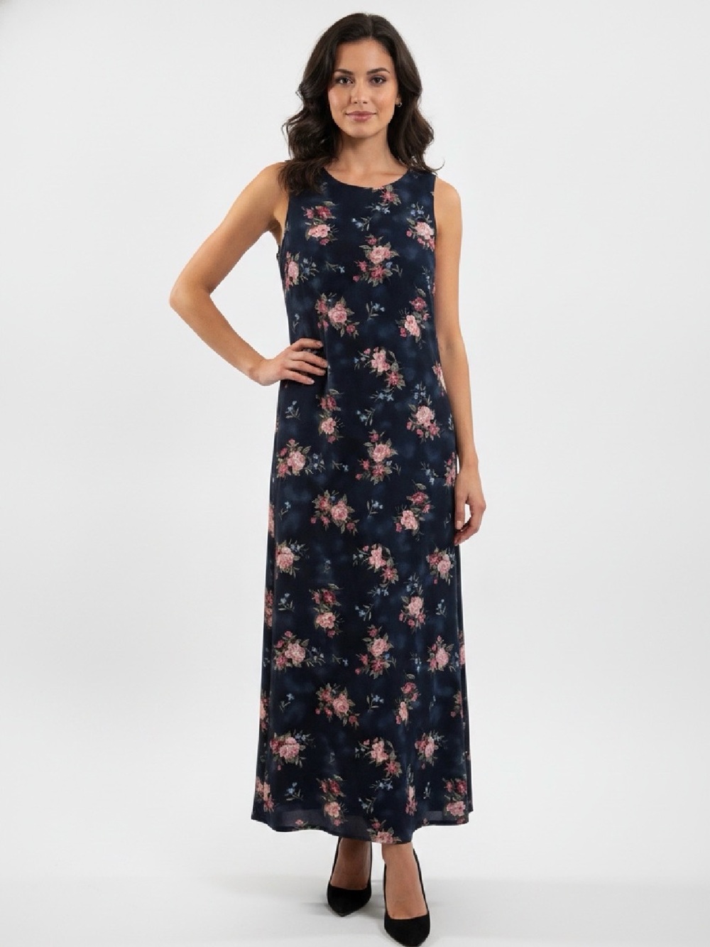 Vintage Valarie Steven’s Sleeveless Navy Floral Maxi Dress - Pink Rose Print.